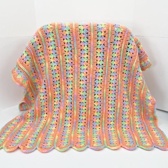 36" x 55" Vintage Crochet Hand Made Scallop Throw Blanket Pastel Rainbow Pride - Picture 4 of 5